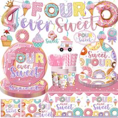 a pink and blue birthday party set with donuts, cupcakes, cake