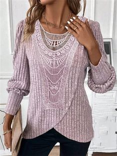 Women‘s Lace Shirt Shirt Blouse Plain Pink Blue Gray Lace Long Sleeve Casual Fashion Round Neck Regular Fit Fall & Winter Spring 2024 - $27.99 Womens Blouses Casual, Womens Basic Tops, Blouse Casual Fashion, Plain Blouse, Maxi Robes, Vestido Casual, Casual Lace, Dressy Tops, Women Shirts Blouse