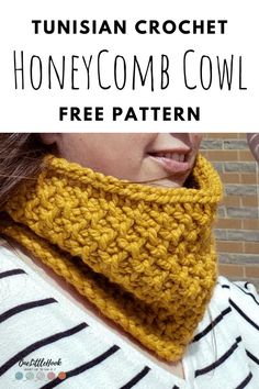 a woman wearing a yellow crochet cowl with text overlay that says,'free pattern '