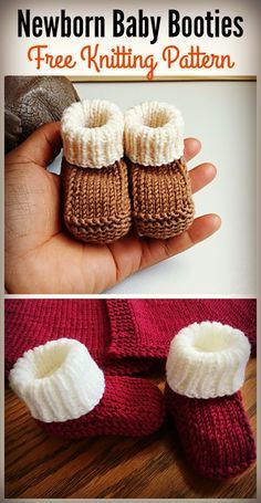 baby booties are knitted in white and brown, with text that reads newborn baby booties free knitting pattern