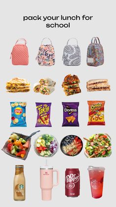 the back to school lunch is shown with different foods and drinks on it, including sandwiches