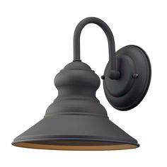 an outdoor wall light with a black shade on it's side and a white background