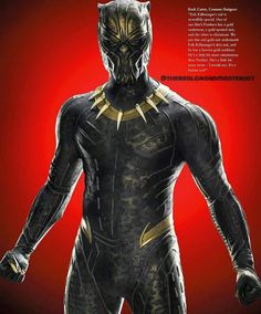 the black panther costume is shown in front of a red background with text that reads,