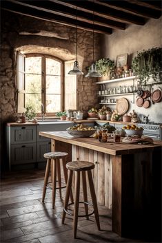 a rustic kitchen with two stools in front of the counter and shelves on the wall