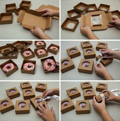 the process of making donuts is being made with cardboard boxes and glues on them