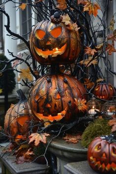 some pumpkins that are sitting on the ground