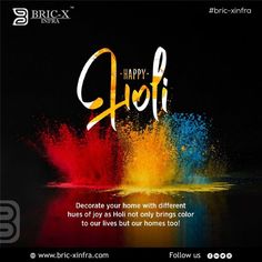 an advertisement for holi festival with colorful powder in the air and text happy holi