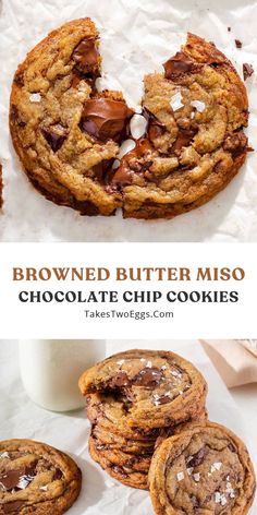 chocolate chip cookies cut in half and stacked on top of each other with the words browned butter miso above them