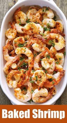 baked shrimp in a white dish with parsley on top and the title above it