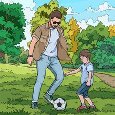 a father and son playing soccer in the park