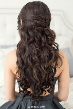 Hairstyles For Valentine's Day - Romantic Date Night Hair with clip-in Mocha Brown Luxy Hair extensions added in for length and volume. Curly Prom Hair, Prom Hair Updo, Asymmetrical Hairstyles, Quinceanera Hairstyles, Quince Hairstyles, Half Up Hair, Hair Waves