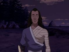 a cartoon character with long hair standing in front of a dark sky and trees, wearing a wrap around his neck