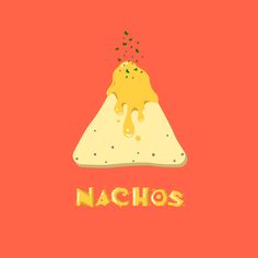 the word nachos is written in gold on an orange background with a yellow substance coming out of it