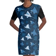 Loose and casual fit jersey t-shirt dress. Printed polyester blend front panel, solid color 100% cotton back/sleeves/rib. Size range XS-2XL. Rays gracefully gliding through the blue ocean... Blue Graphic, Stingray, Dress For Sale, Casual Fit, Casual Fits, Jersey T Shirt, Blue Ocean, T Shirt Dress, Dresses For Sale