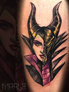 a woman with horns on her head is shown in this tattoo art work by artist mark taylor