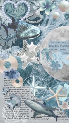 an altered collage with sea creatures and words on it's side, including the moon