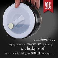 a person holding a bowl with the words vacuum bowls and leak proof soup on it