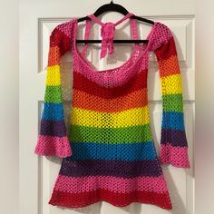 Brand New With Tags Crochet Rave, Crochet Construction, Crochet Rainbow, Yellow Crochet, Pink Orange Yellow, Rainbow Crochet, Crochet Mini Dress, Star Dress, Rainbow Pattern