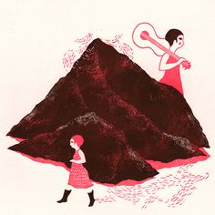 a drawing of a woman standing in front of a mountain