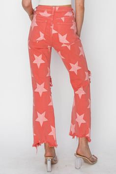 Get ready to rock some stellar style with our Coral Star Print Distressed Jeans! These high rise jeans feature a playful star print and unique distressed details, making them a bold fashion statement. Whether you're hitting the town or just chilling with friends, these jeans will add a touch of quirky fun to your outfit. Pattern Jeans, Rock N Roll Style, Patterned Jeans, Peach Blossom, Baywatch, Star Jeans, Peach Blossoms, Star Pattern, Straight Pants