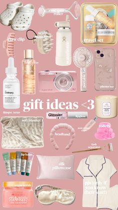 a pink poster with various items on it and the words, gift ideas - 3