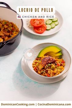 two plates of food on a table with the words locrio de poloo chicken and rice