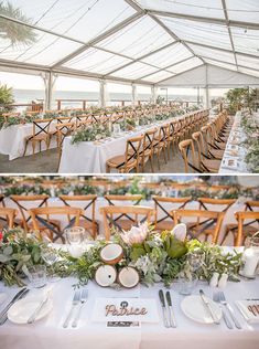 the tables are set up for an outdoor wedding reception