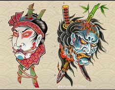 Japanese Mask Tattoo, Colour Tattoo For Women, Japan Painting, Tattoo Templates, Irezumi Tattoos