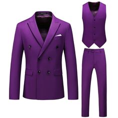 Men's 3 Piece Double Breasted Blazer Solid Color Lapel Prom Dress Suits Slim Fit Wedding Tuxedo Jacket Vest Pants 1920s Mens Clothing, Tuxedo Suit For Men, Mens 3 Piece Suits, Terno Slim, Double Breasted Tuxedo, Best Costume, Formal Blazer, Mens Suit Vest, Mens Fashion Business