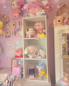 there are many stuffed animals on the shelves in this toy room with pink walls and flooring