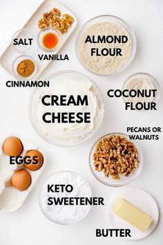 the ingredients to make an egg and cheese cake are shown on a white table top