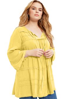 Pretty and lightweight, this will be your new every day top. Designed with a tie neckline and light shirring. 32" lengthRayon Machine wash Imported  | Plus Size Women's Acid Wash Peasant Blouse by June+Vie in Lemon Mist (Size 30/32) Plus Size Summer Tops, Short Sleeve Tops Casual, Short Sleeve Tunic Tops, Casual Tunics, Casual Summer Shirts, Peasant Blouse, Dressy Casual, Maternity Tops, Plus Size Blouses