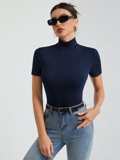 Women's Solid Color Basic Black Turtleneck Short-Sleeved T-Shirt Navy Blue Casual  Short Sleeve Knitted Fabric Plain  Medium Stretch  Women Clothing, size features are:Bust: ,Length: ,Sleeve Length: Hooded Tee, Turtleneck Shirt, Flare Leg Pants, Turtleneck Top, Dark Jeans, Cath Kidston, Black Turtleneck, Women's Shapewear, Navy Shirt