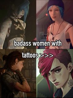 tags: ellie williams the last of us jinx arcane league of legends vi chloe price life is strange indie game characters with tattoos who are all probably queer lol Characters With Tattoos, League Of Legends Vi, Arcane League Of Legends, Baba Jaga, Jinx Arcane, Chloe Price, Jinx League Of Legends, Indie Game