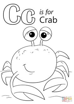 the letter c is for crab coloring page with an image of a crab on it's back