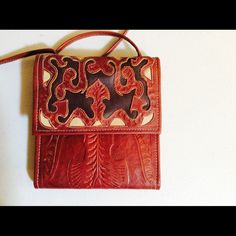 Crossbody Wallet Purse Combo! Real Hand Tooled Leather! Love This Purse! Looks In Brand New Never Worm Shape Red Leather Wallets With Cell Phone Pocket, Red Leather Coin Purse With Interior Card Slots, Vintage Brown Shoulder Bag With Card Slots, Red Leather Clutch Coin Purse, Red Vintage Leather Wallets, Burgundy Leather Wallets For Gift, Burgundy Leather Wallets As Gift, Burgundy Leather Wallet As Gift, Red Leather Pouch Coin Purse