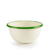 a white bowl with green rims on a white background, the bowl is empty and ready to be used