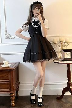 Black Dark Ruffle Bowknot Jirai Kei Jumper Dress – LolitaInside