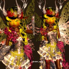 two digital images of a woman dressed up like a fairy with wings and flowers on her head