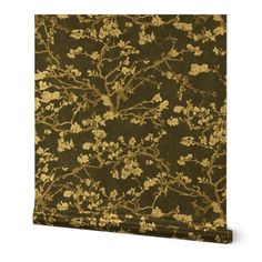 a black and gold wallpaper with flowers on it