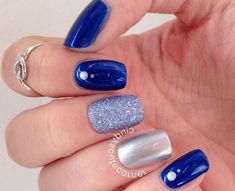 Blue And Silver Nails, Gel Nails Long, Nail Design Glitter, Silver Nail Designs, Silver Nail Art, Nail Designs Pictures, Sunflower Nails, January Nails, Silver Nail