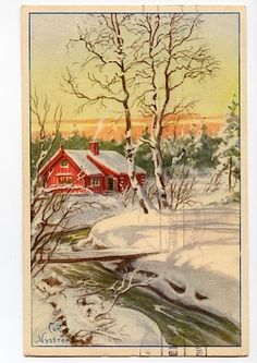 an old fashioned christmas card with a red house and stream in the foreground, surrounded by snow covered trees