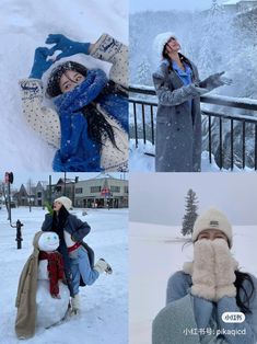 four different pictures of people in the snow