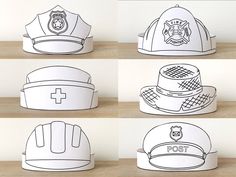 six paper hats with different designs on them