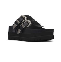 in stock Black Double Strap Footbed Sandals For Spring, Chic Black Footbed Sandals For Beach, Black Adjustable Platform Footbed Sandals, Adjustable Black Platform Footbed Sandals, Chic Black Footbed Sandals With Buckle Closure, Black Double Strap Platform Sandals, Black Sandals, Pick Up, In Store