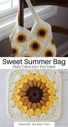 two crocheted bags with sunflowers on them and the words, sweet summer bag free crochet pattern