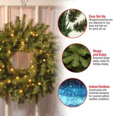 a christmas wreath with lights hanging from it and instructions on how to hang the wreath