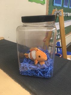 an orange fish in a glass jar with blue carpet on the table next to it