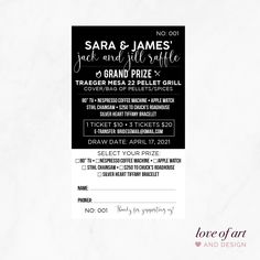 a black and white flyer for an event with the words sara & james on it