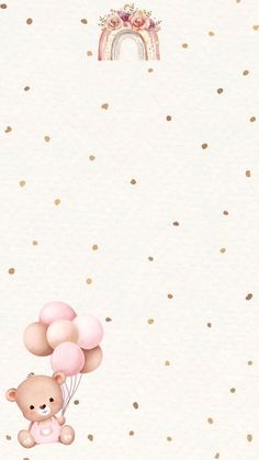 a teddy bear holding balloons in front of a white background with gold polka dots and a rainbow